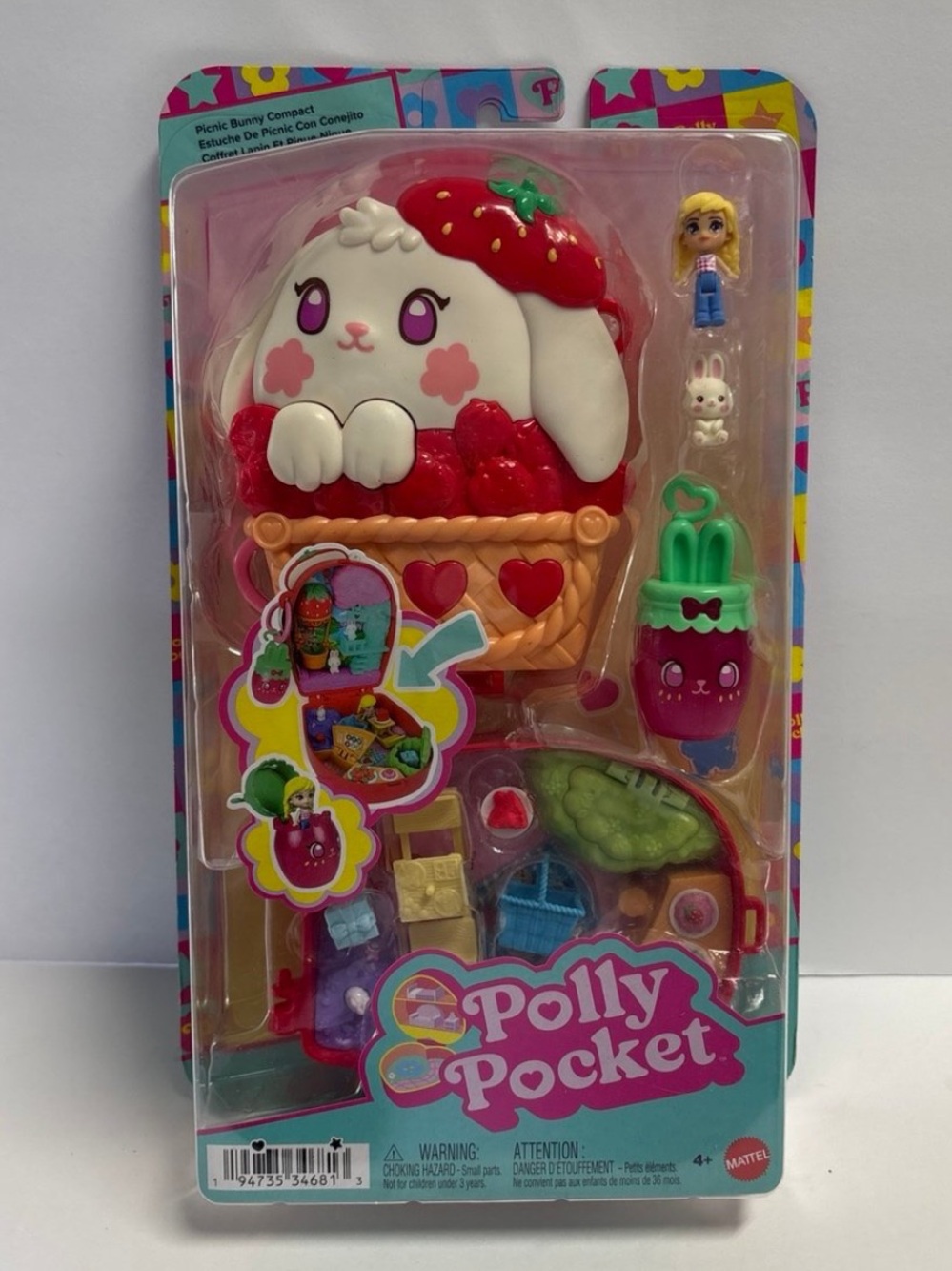 NIB Mattel Polly Pocket Picnic Bunny Compact Playset - Strawberry Travel Toy New